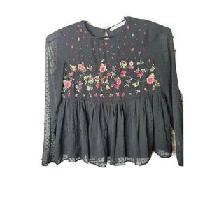 Zara Trafaluc Embroidered Babydoll Swiss Dot Women's Black Shirt Size Medium t33